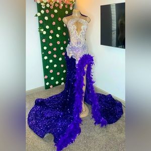 Purple & Silver Sequin Mermaid Formal Dress with Purple Feathers